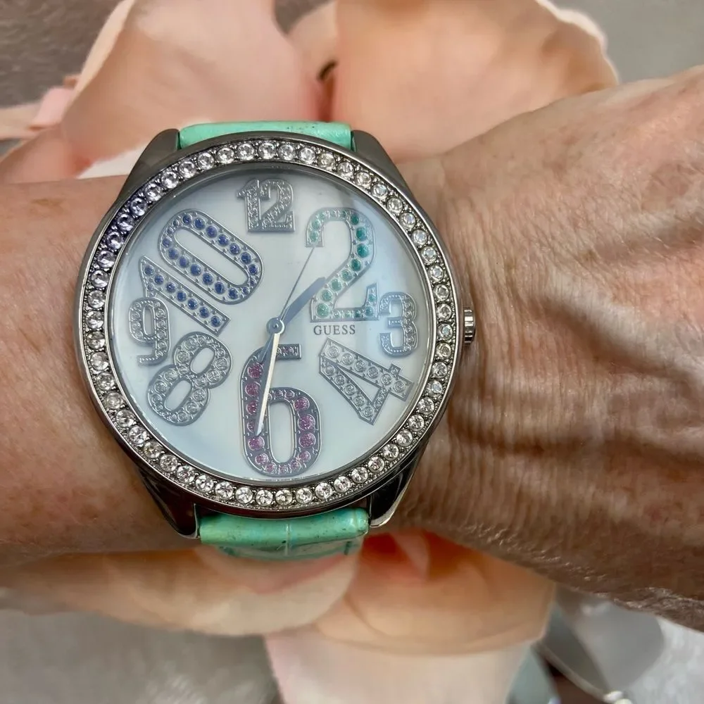Guess Crystal Accented Bezel and Dial Large Face Watch with Leather Strap